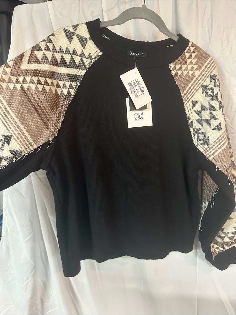 Women's Very J Black Waffle Knit Top with Aztec Print Raglan Sleeves, NWT